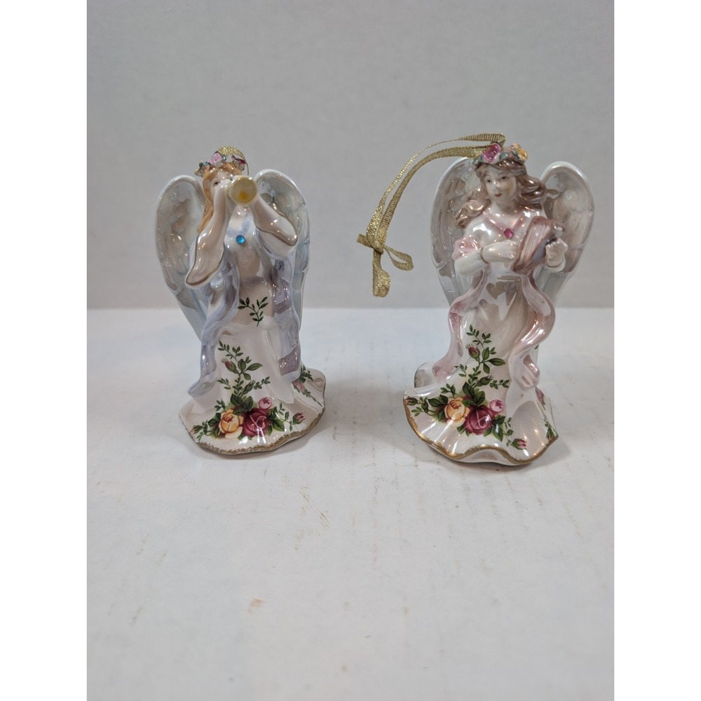 Royal Albert Old Country Roses Musical Angel Ornaments Set Flute Harp Vintage